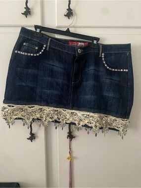 Dark Blue Denim Mini Skirt with Cream Lace Trim